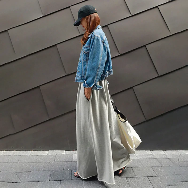 New Urban Female Black Gray Solid Color  Elastic Waist Wide Leg Pants Casual Work Long Turnip Trousers For Women