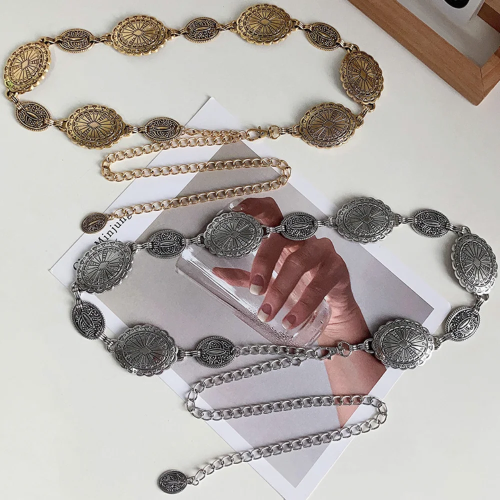Lightweight Metal Women's Waist Chain Gold/Silver Durable Retro Waist Chain Adjustable Carved Chain Belt
