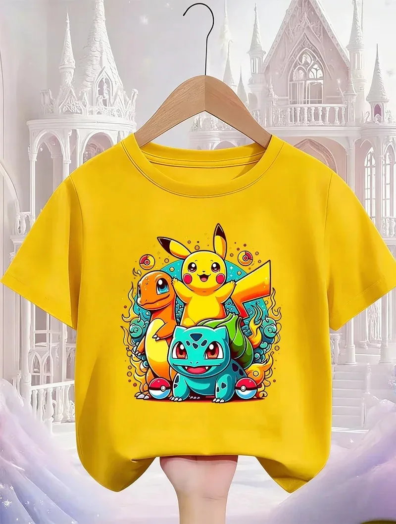 2026 New Street Cartoon Pokémon T Shirt 3-14Y Boys Girls Summer Cute Kawaii Fashion Hot Casual Crew Neck Children