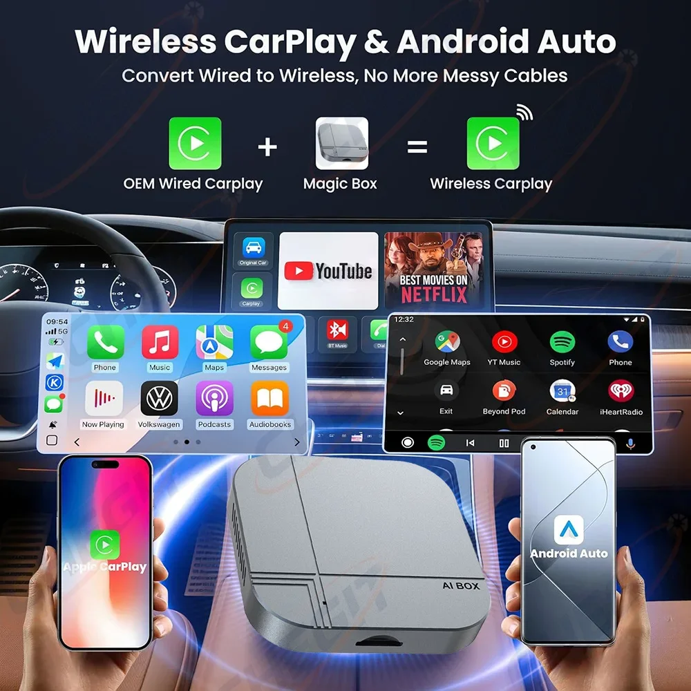 2026NEW CarPlay Android Ai Box filaire vers sans fil Android Auto 4G + 64G 2G + 16G Plug and Play Tv Box pour YouTube Netflix