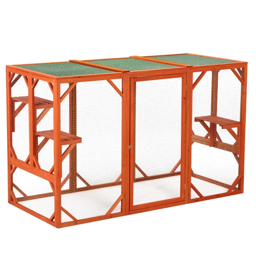

Wooden Cat House Outdoor Cage Waterproof Asphalt Planks Cat Perches Orange