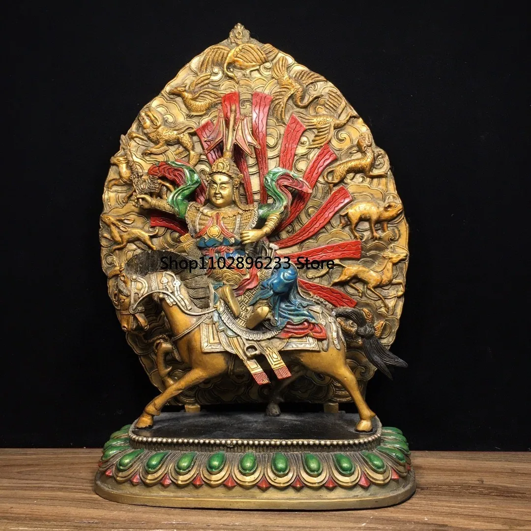 Nepal Tibetan brass gilt painted lion riding beast King Gesar antique offering ornament Buddhist hall supplies 35cm