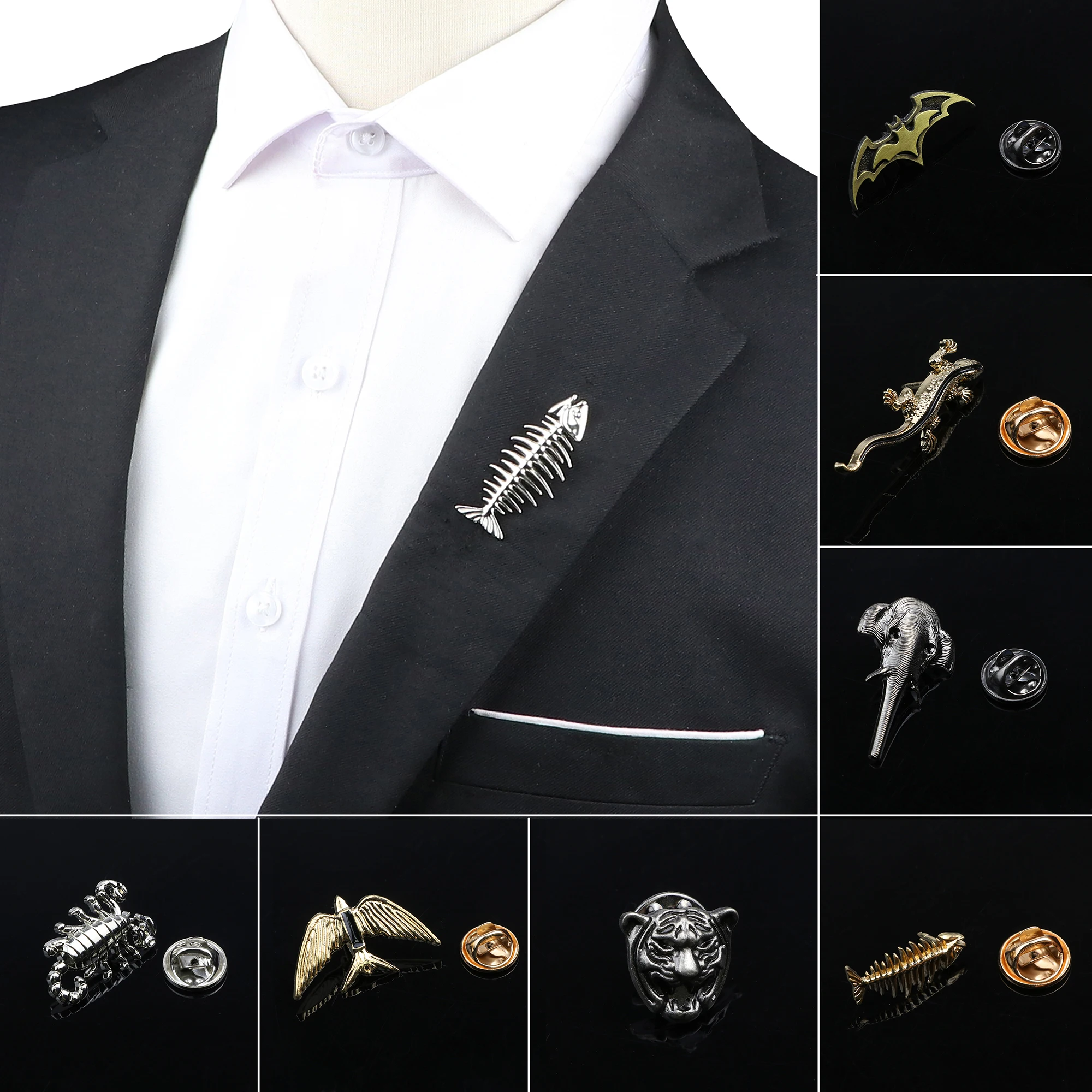 Men's Advanced Chic Animal Brooches Fish Scorpions Leopard Pin Suit Shawl Lapel Pins Hat Shirt Collar Pin Party Daily Accessory