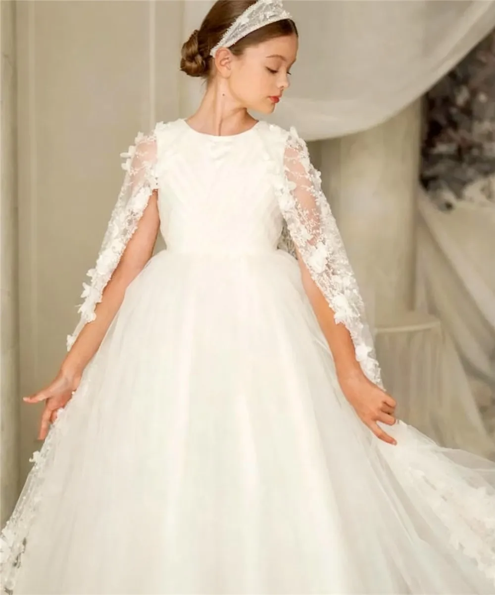

Customized Elegant White Flower Girl Dress For Wedding Appliques Floral Beaded Cute Baby Kids Birthday First Communion Gown