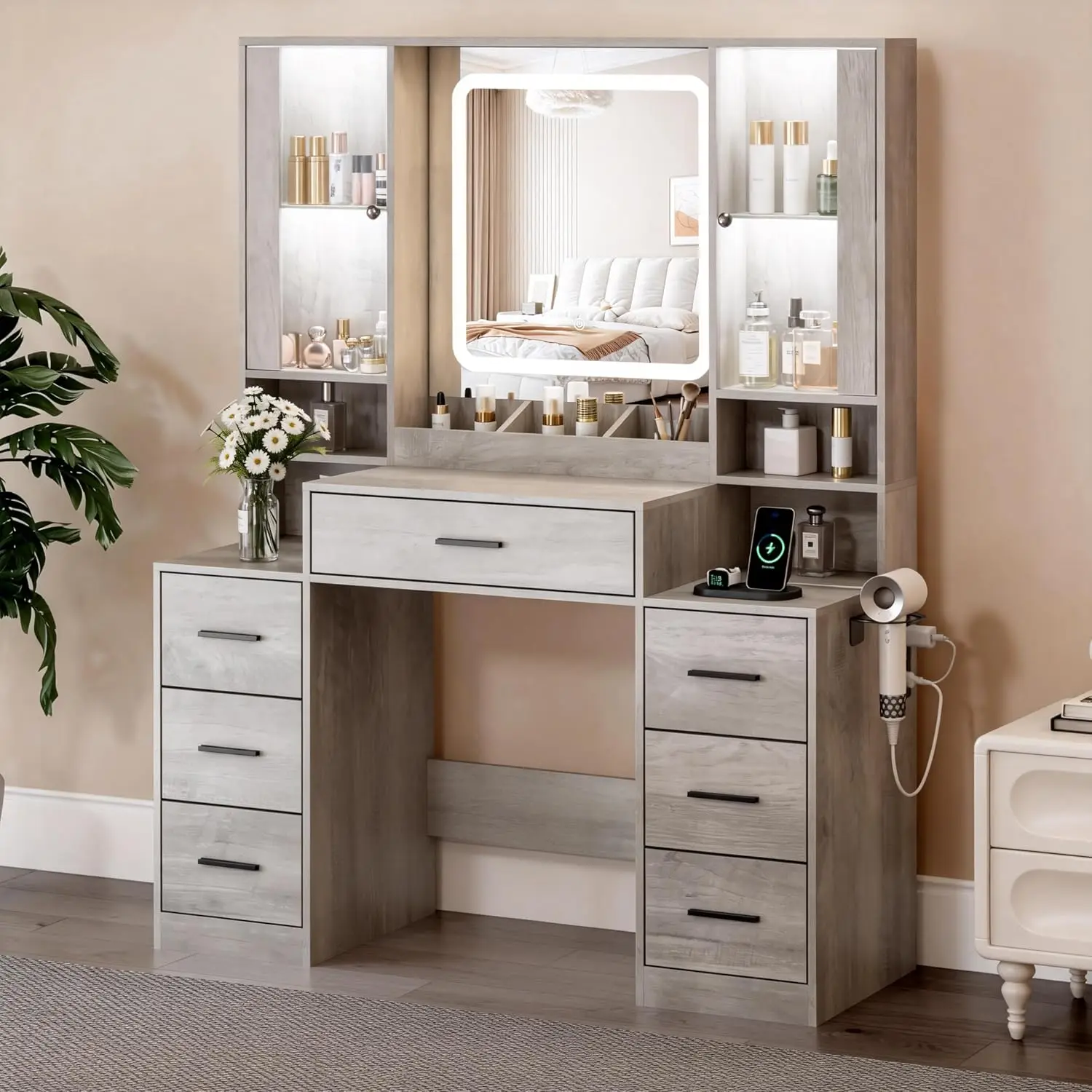 

Vanity Desk with Mirror and Lights, 7 Drawers, 2 Cabinets, RGB Lighting, Dimmable Mirror, Power Strip, Hair Dryer Holder