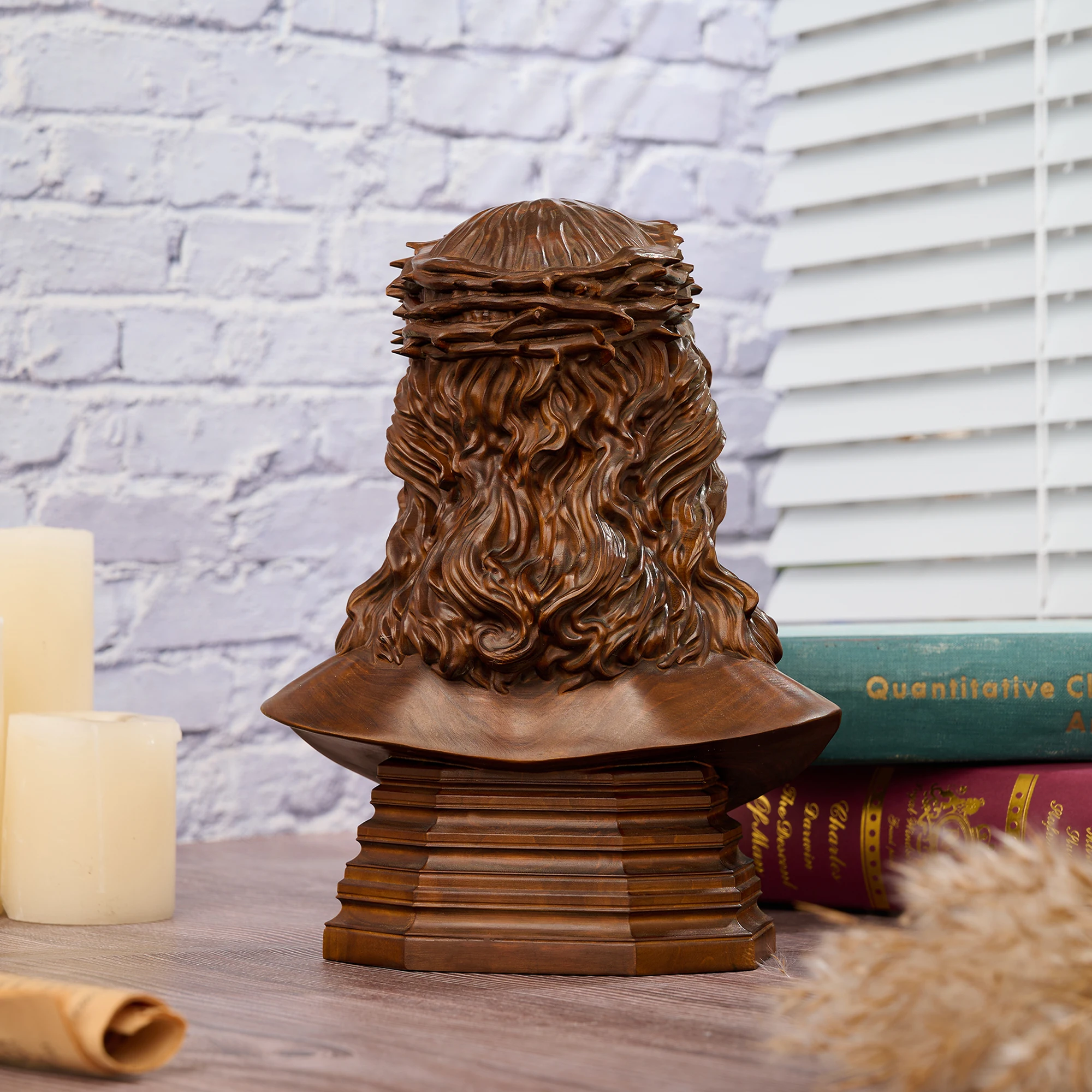 Wood Carved Jesus Christ Bust Statue Crown of Thorns Religious Sculpture Retro Wooden Head Figurine Catholic Home Altar Tabletop - view 5