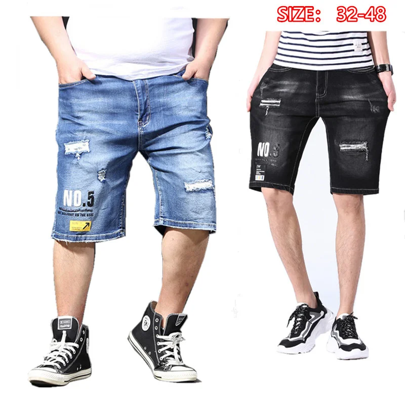 

Men Summer Jeans Shorts Ripped Distressed Plus Size 40 42 44 46 48 Black Denim Short Stretched Loose Holes Boys Male Clothes