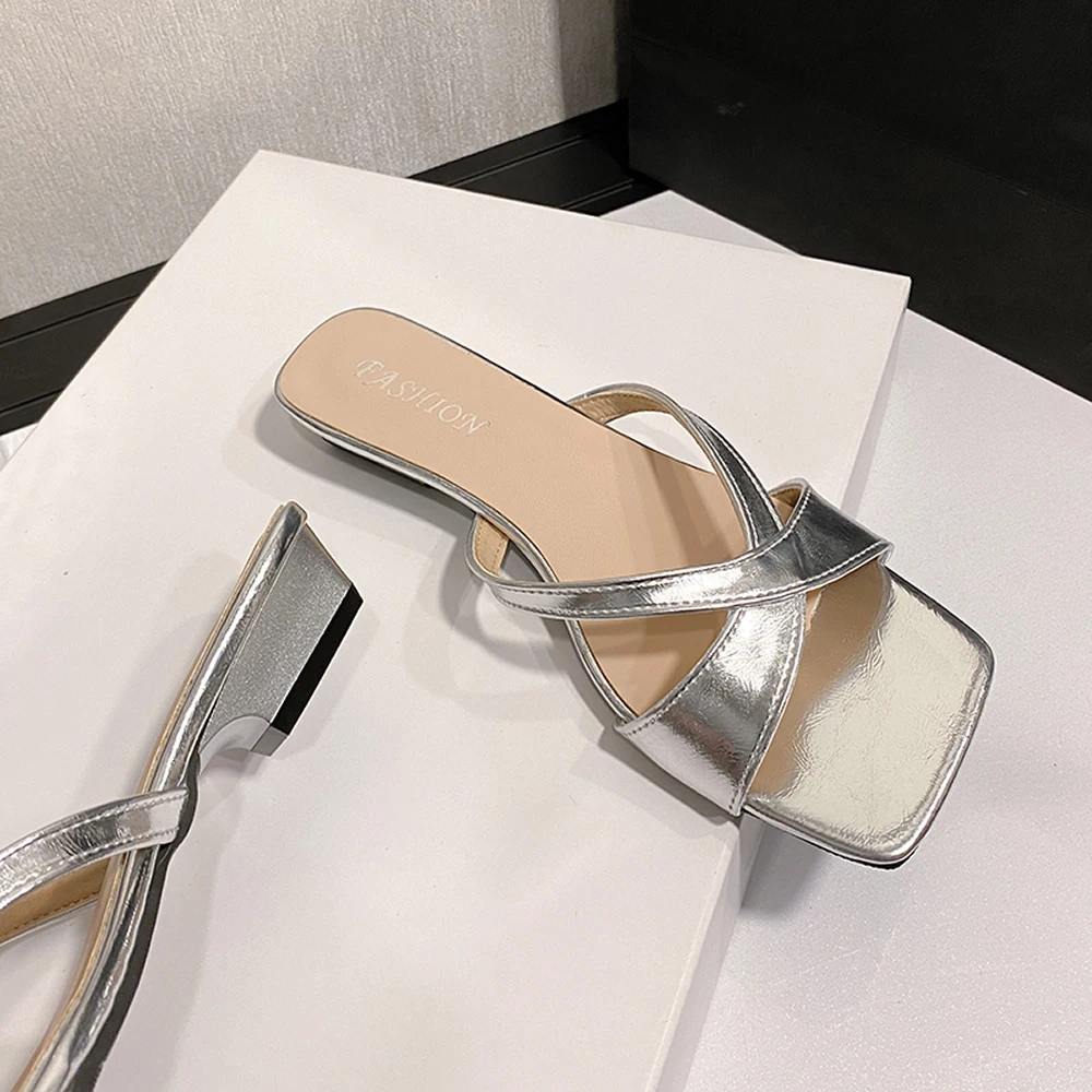 أحذية امرأة 2025 ميد رقيقة الكعوب الكعب البغال النعال عادية ساحة تو Pantofle منخفضة عبر تعادل عالية فاخرة جديد الدنيم الصيف #2