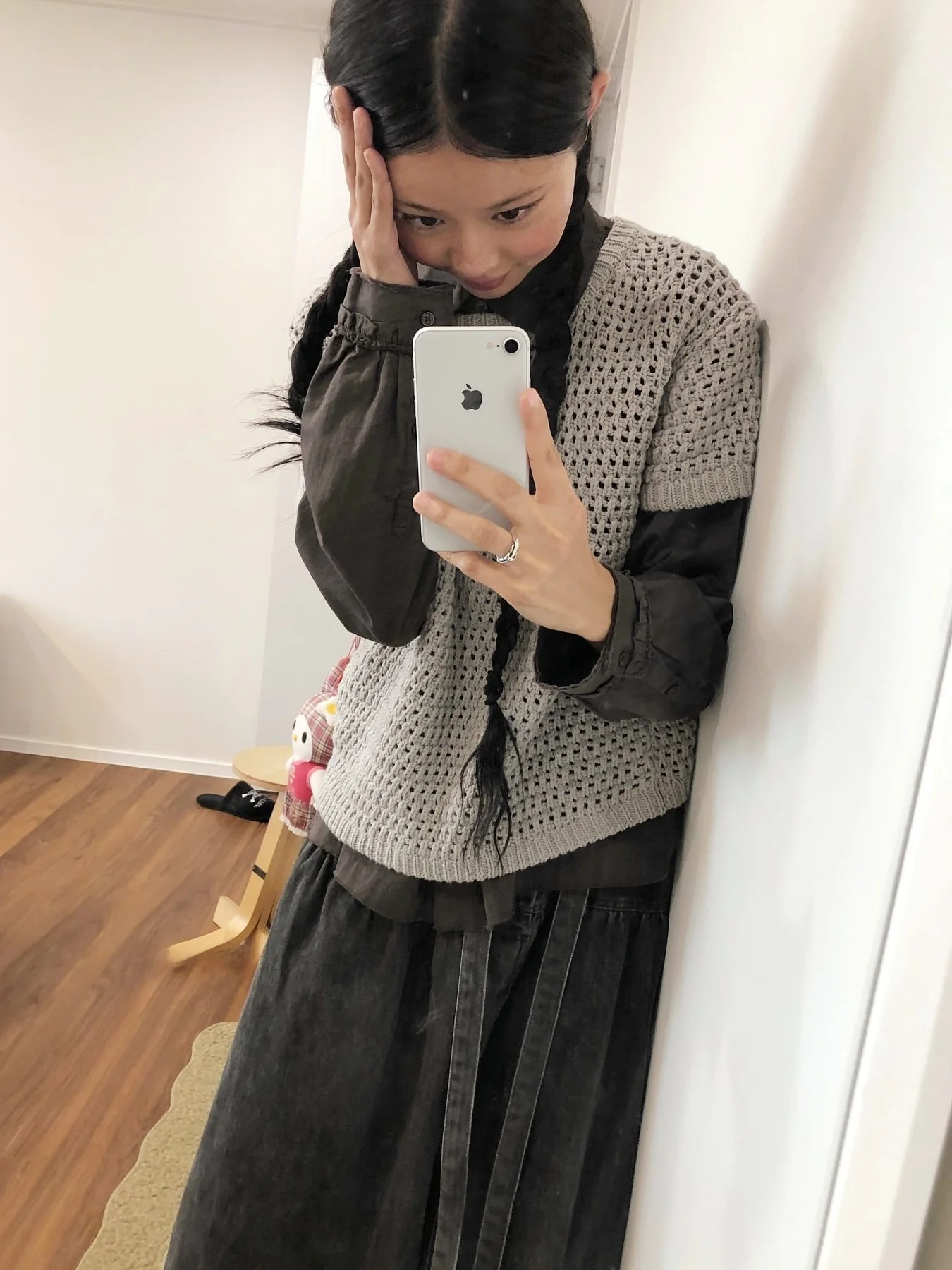 Unique SEI Blogger Hollow Short Sleeve Knitted Shirt Doll Collar Japanese Style Denim  Skirt Casual High Waist A-Line Skirt