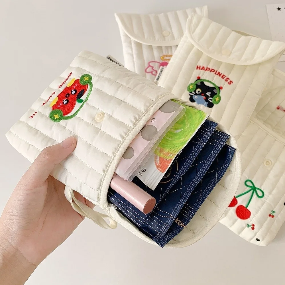 

Large Capacity Embroidery Cherry Cosmetic Bag Cat Wristband Sanitary Napkin Storage Bag Menstruation Towel Storage Korean Style