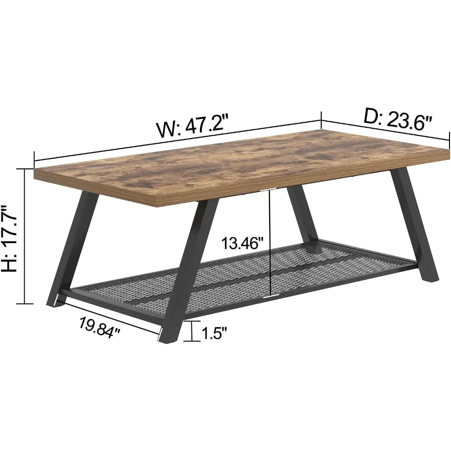 Mesa de centro industrial de madeira e metal de 47 polegadas, mesa de sala de estar com prateleira de armazenamento, mesa central retangular, marrom rústico