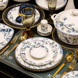 Bone China Dinner Plates Blue and White Kitchen Dishes Complete Tableware Plate Dish Charger Dining Bar Home Garden