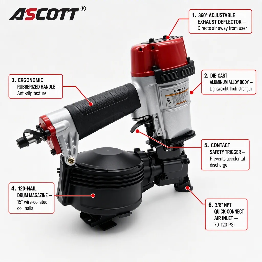 Ascott CRN45 Roofing Coil Nailer 15 Degree Pneumatic Nailing Gun for Fixing Asphalt, Fiberglass, Shingles