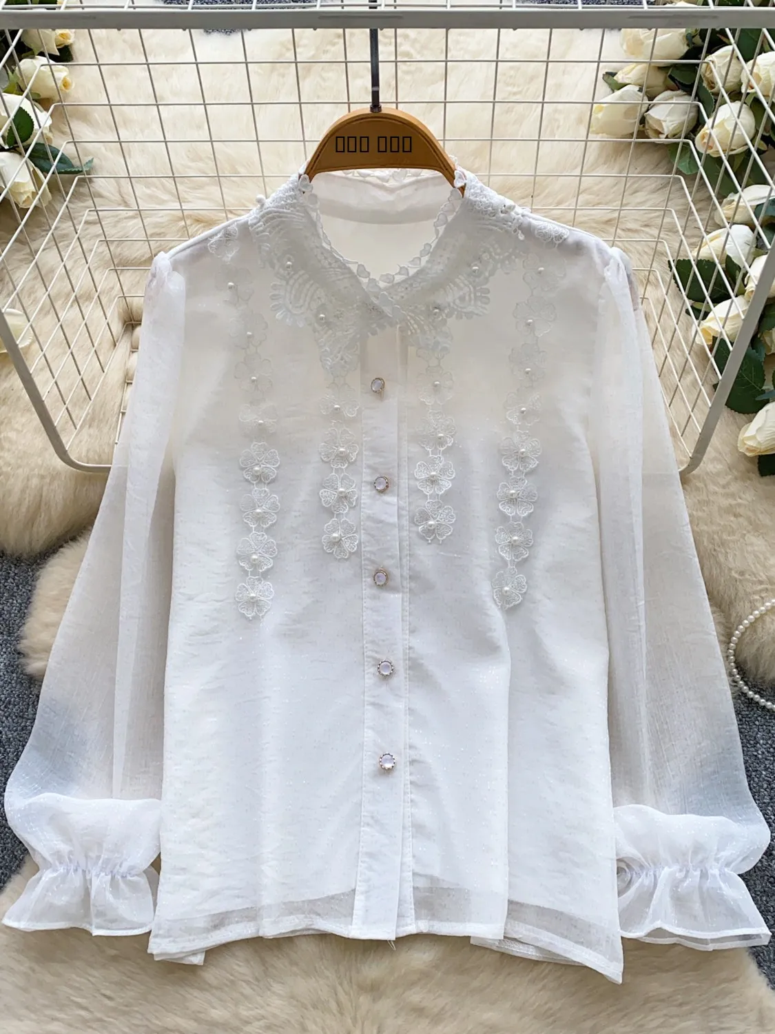 

Ele Embroidered Long Sve Women's irt Heavy Work Beading Commute Sle High End Feel Versatile Quali Top