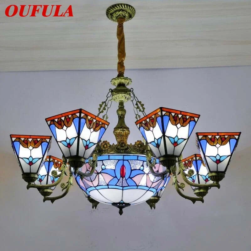 

OUFULA Tiffany European Living Room Pendant Lamp American Chandelier Bedroom Restaurant Bar Caf é Colour Glass Chandelier