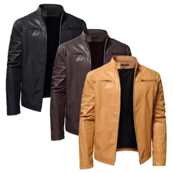 Pure Color New Men Plush Leather Jacket Large Size 5XL Autumn and Winter Male Daily Casual Stand Collar Coats
