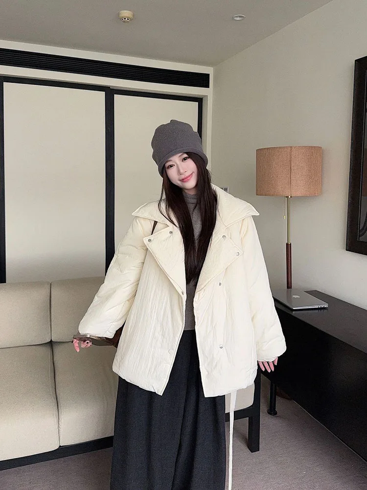 

Зимняя хлопковая куртка с большими лацканами для женщин, однотонное, простое, текстурированное, утепленное пальто, американское повседневное модное женское теплое пальто