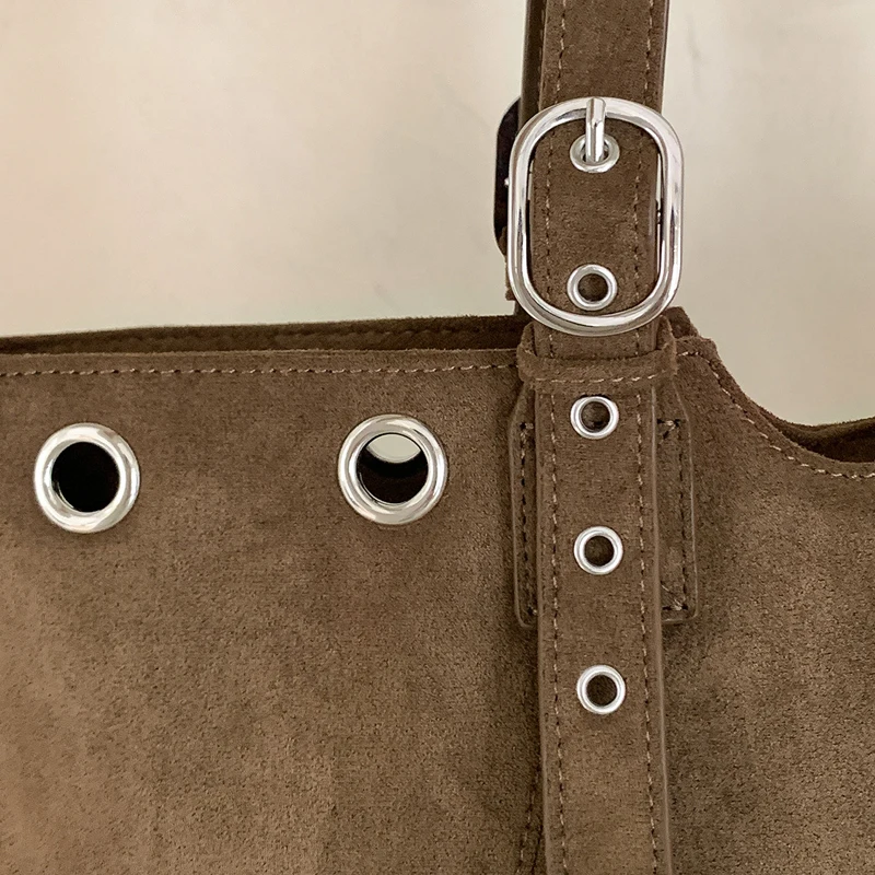 Korean Vintage Faux Suede Bags For Women Luxury Designer Handbag And Purses 2025 New In Belt Buckle Top Handle Underarm Shoulder