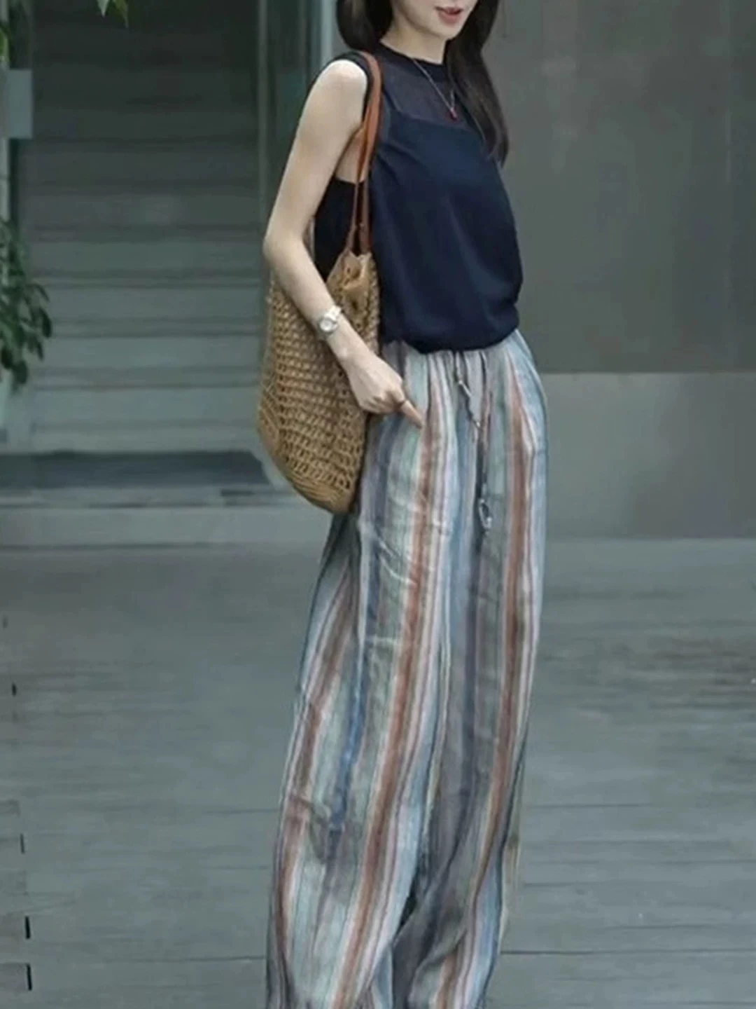 Pantaloni a gamba larga a vita alta Pantaloni estivi larghi in lino casual a righe arcobaleno da donna Pantaloni lunghi dimagranti in lino di cotone dritto