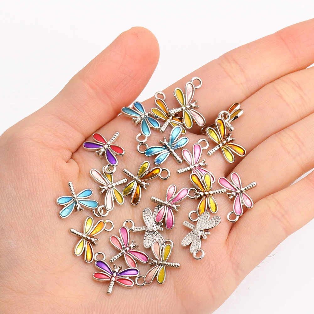 20Pcs Mixed Color Enamel Dragonfly Pendant Gold Silver Colour Alloy Charms for DIY Cute Bracelet Earrings Jewelry Accessories