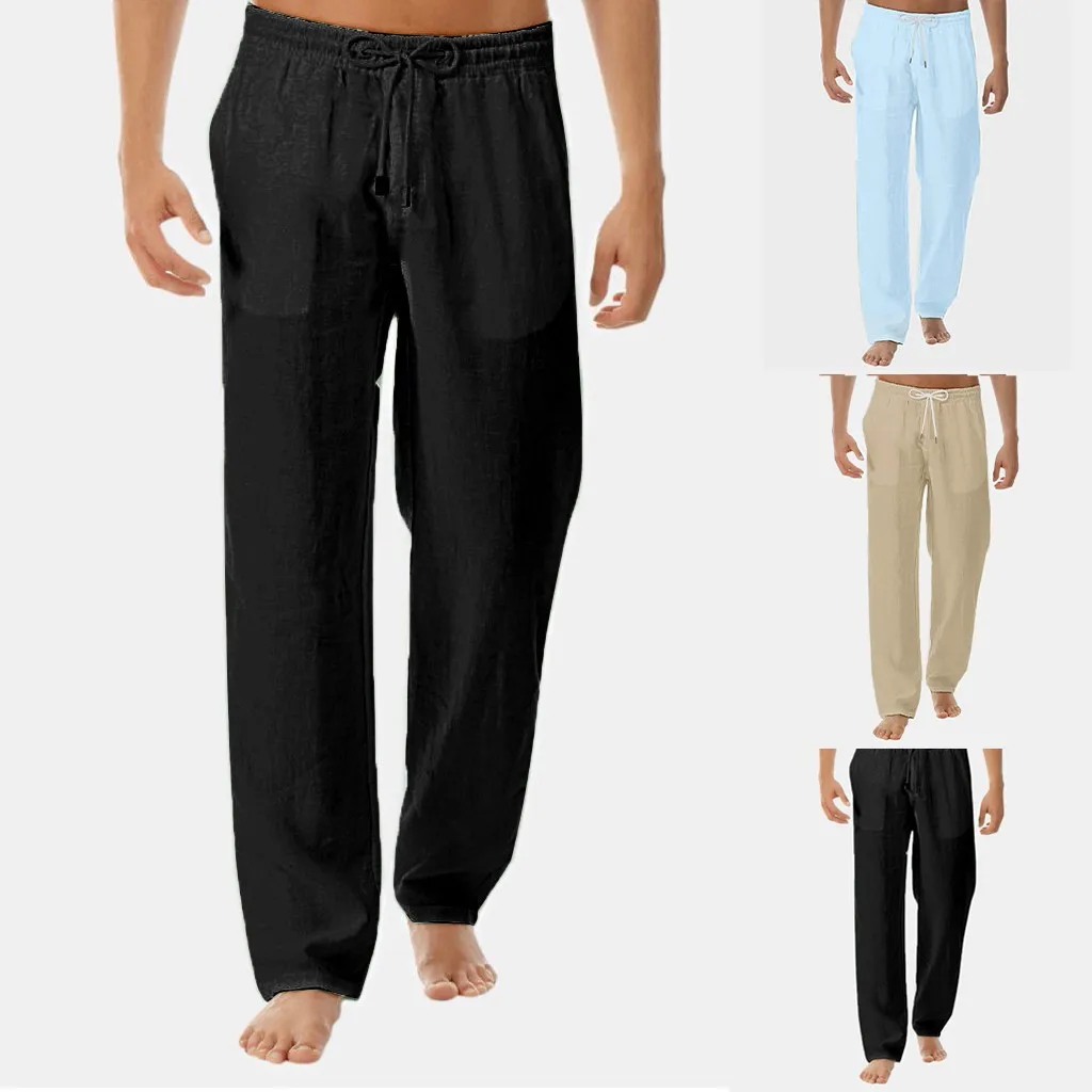 New Men's Cotton Linen Long Pants Summer Solid Color Breathable Linen Trousers Comfortable Men Casual Harajuku Trous