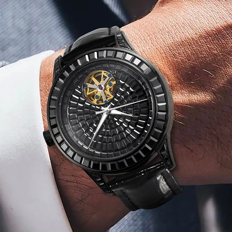 PINDU Design High Mechanical Watch Fashion Luxury All Diamond Watch For Men Waterproof Stainless Steel Leather Men Watches P5037