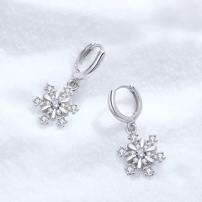 

High Polished Silver Dangle 18K White Gold Plated 925 Sterling Silver Snowflake Drop Earrings