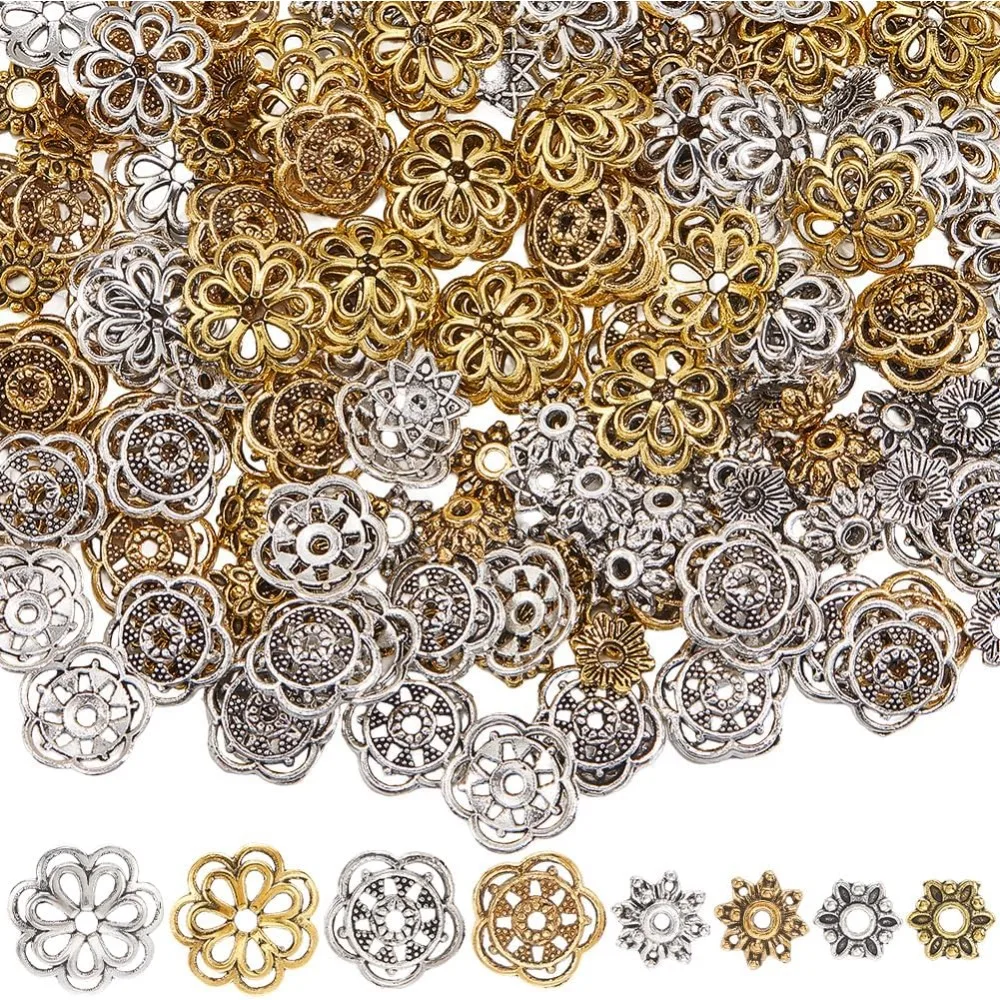 

1 Box 240Pcs 8 Styles Metal Flower Beads Floral Bead Caps Alloy Hollow Flowers End Charm Spacers
