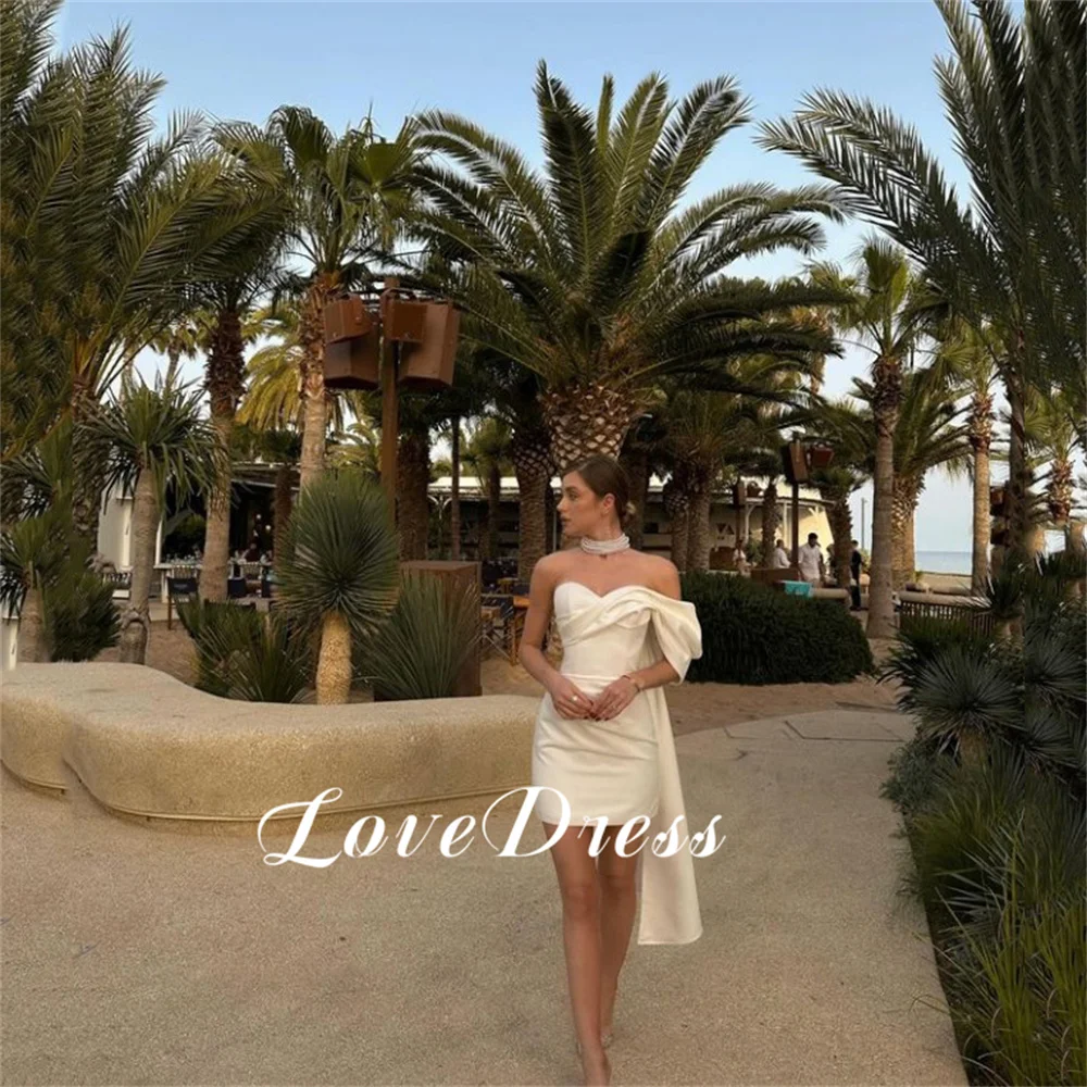 Customized Elegant Sweetheart One Shoulder Sheath Short Wedding Dress Above Knee Simple Backless Lace Up Pleats Mini Bridal Gown