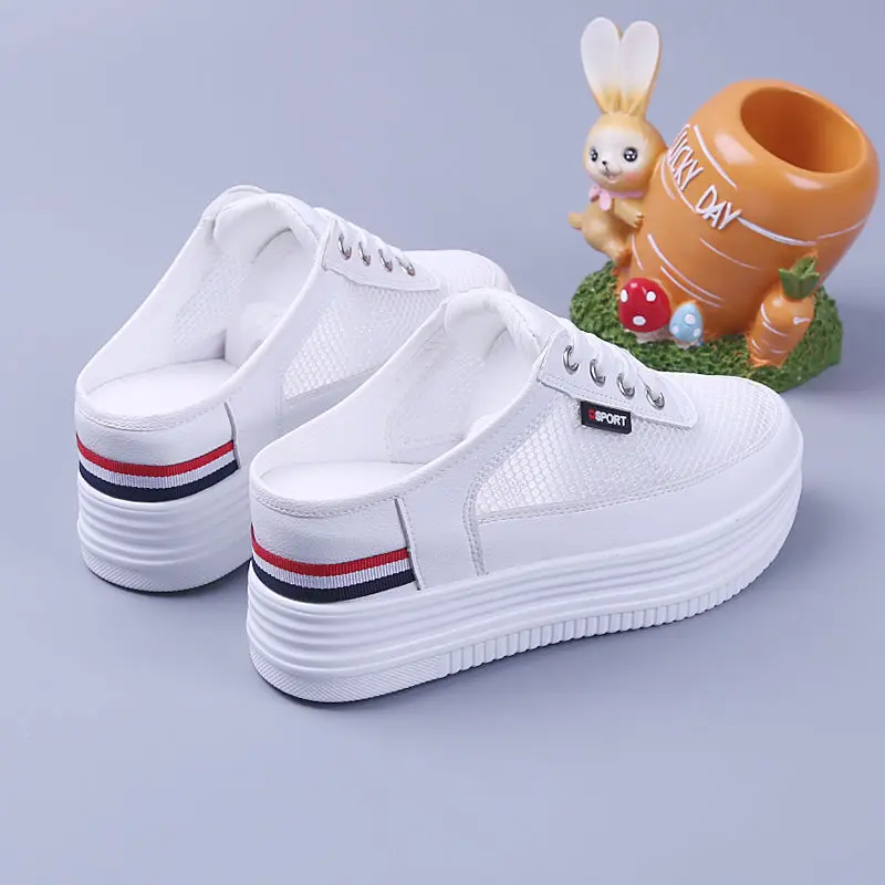 Women\'s Mesh Half Slippers Surface Hollowed Summer Versatile Student Bones Outdoor Breathable Closed Toe Mesh Casual Shoe White