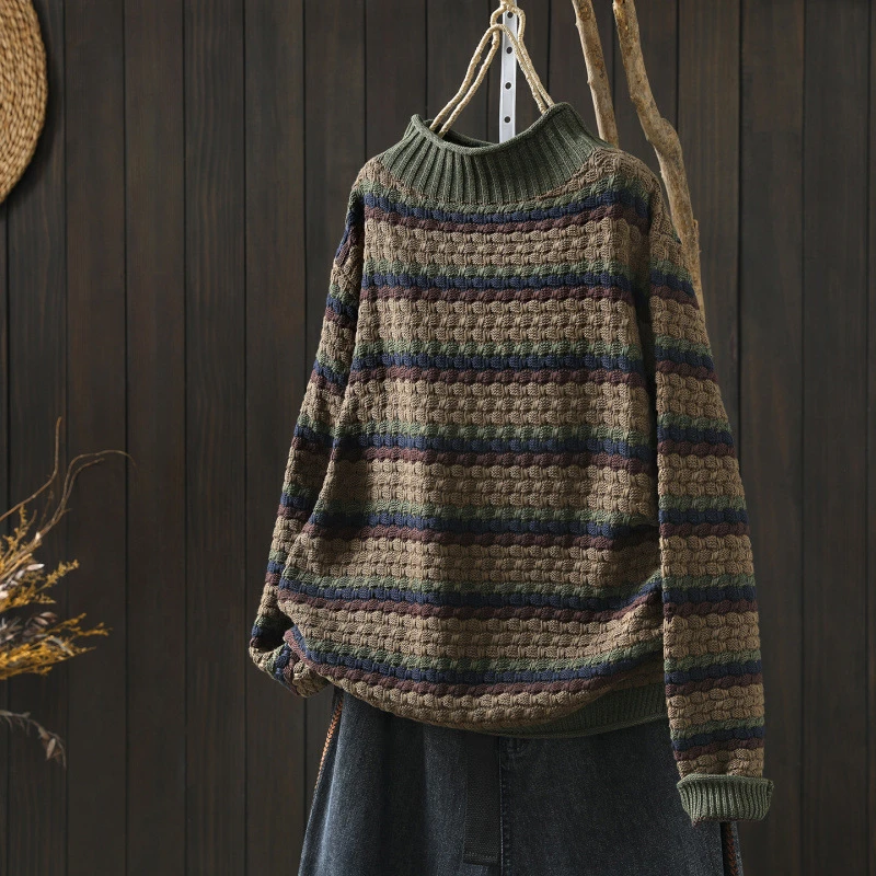 

Women Long Sleeve Casual Sweater New Arrival 2025 Autumn Simple Style Half High Collar Striped Female Knitted Pullovers M2084