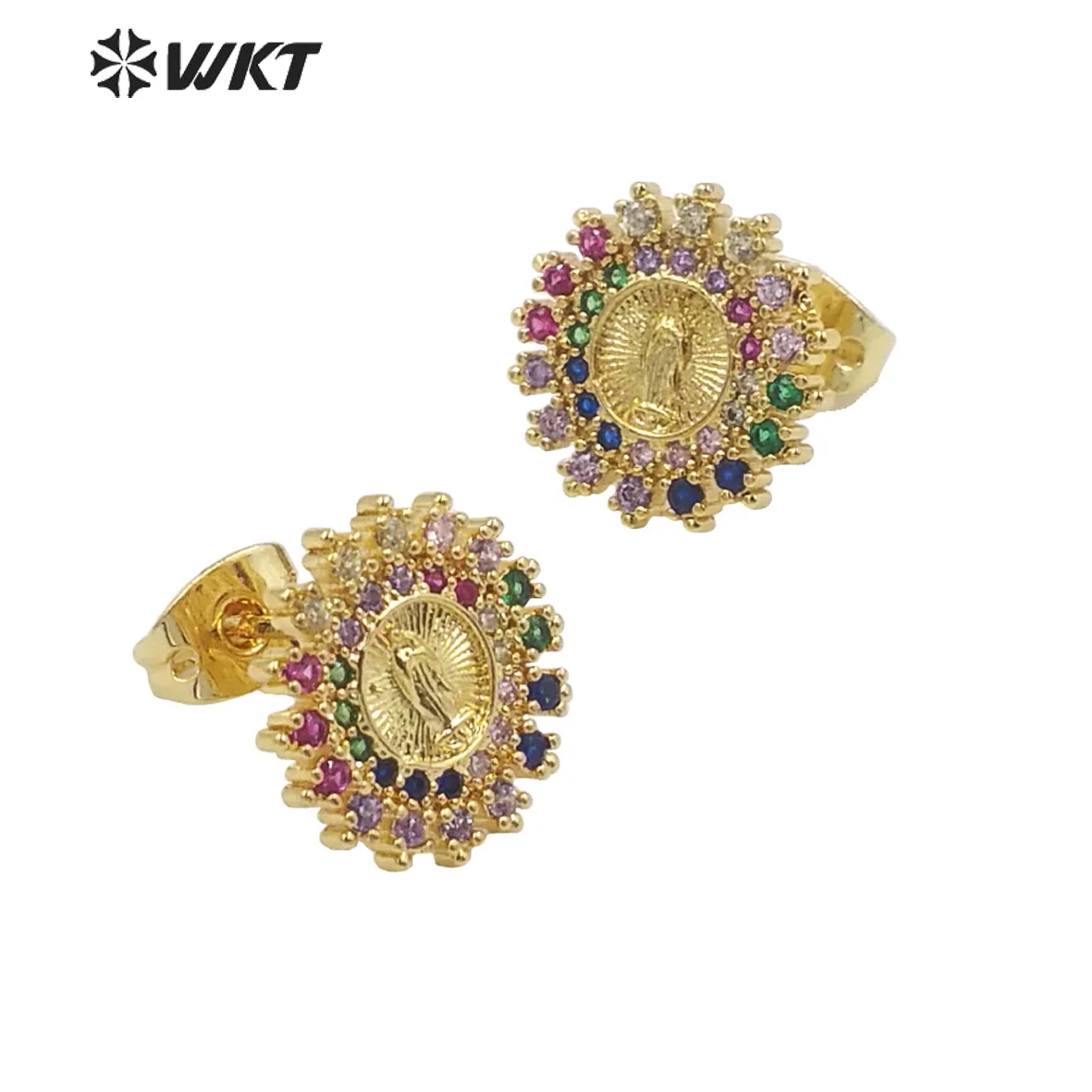 WT-ME102 Vintage Vibe Flower Design And Colored Cubic Zircon Yellow Brass Women Earring Studs For Friends Birthday Present