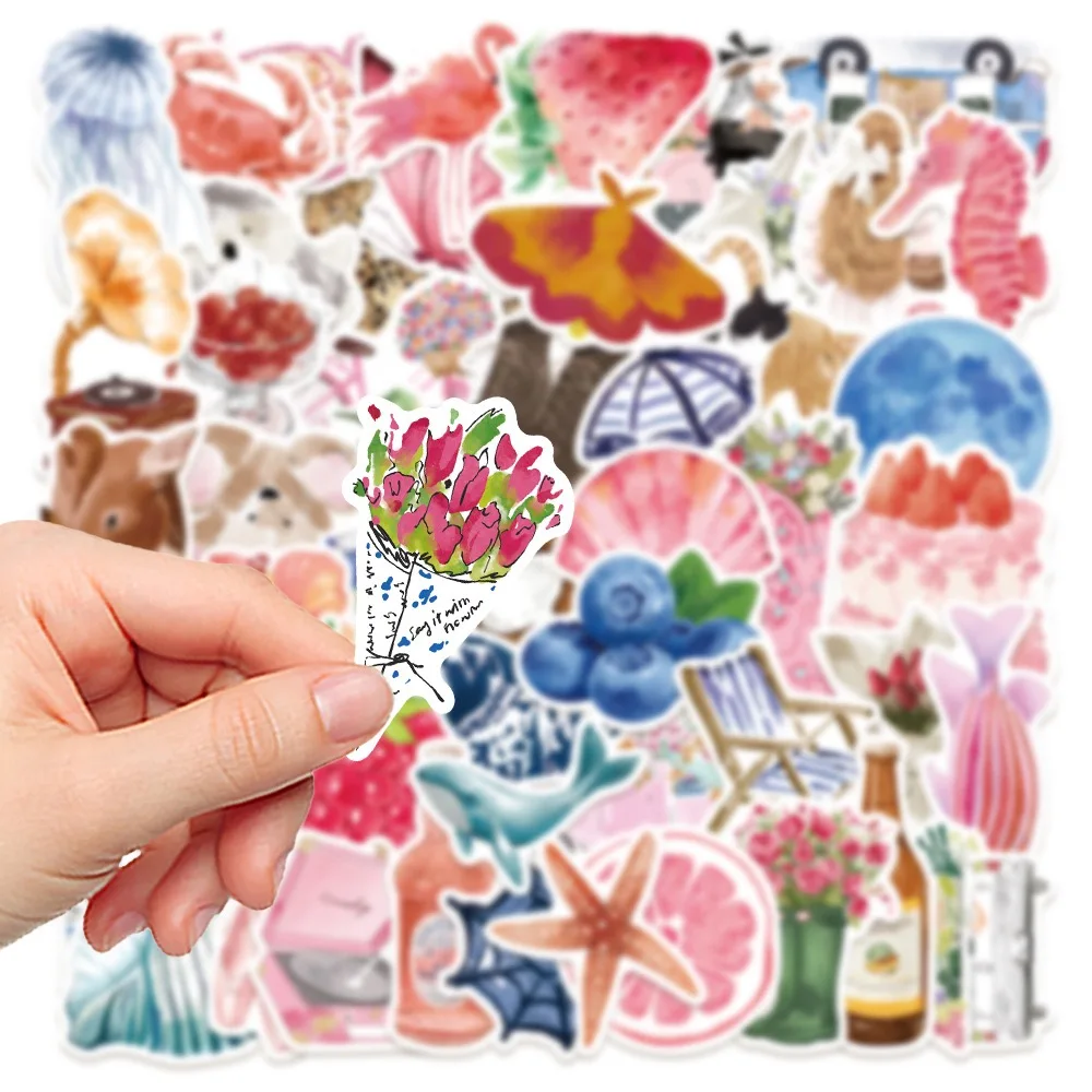 50Pcs Cute Pink Watercolor Waterproof Stickers DIY Decals for Diary Scrapbooking Phone Luggage Skateboard