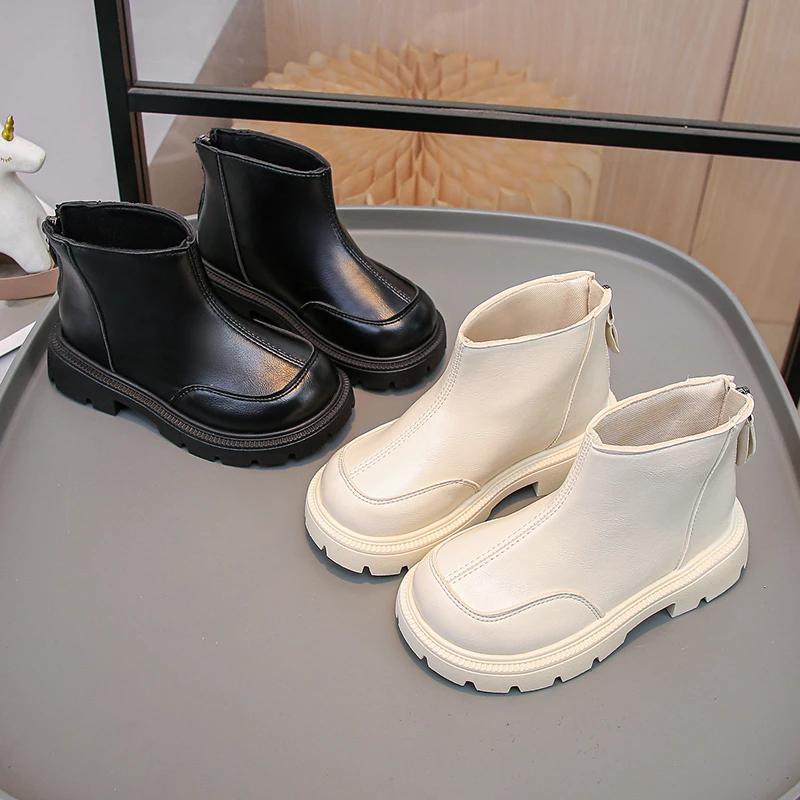 

Kids Short Boots Soild Color Versatile Girls Leather Boots Round Toes Soft 2025 Autumn New Children Ankle Boots with Back Zipper