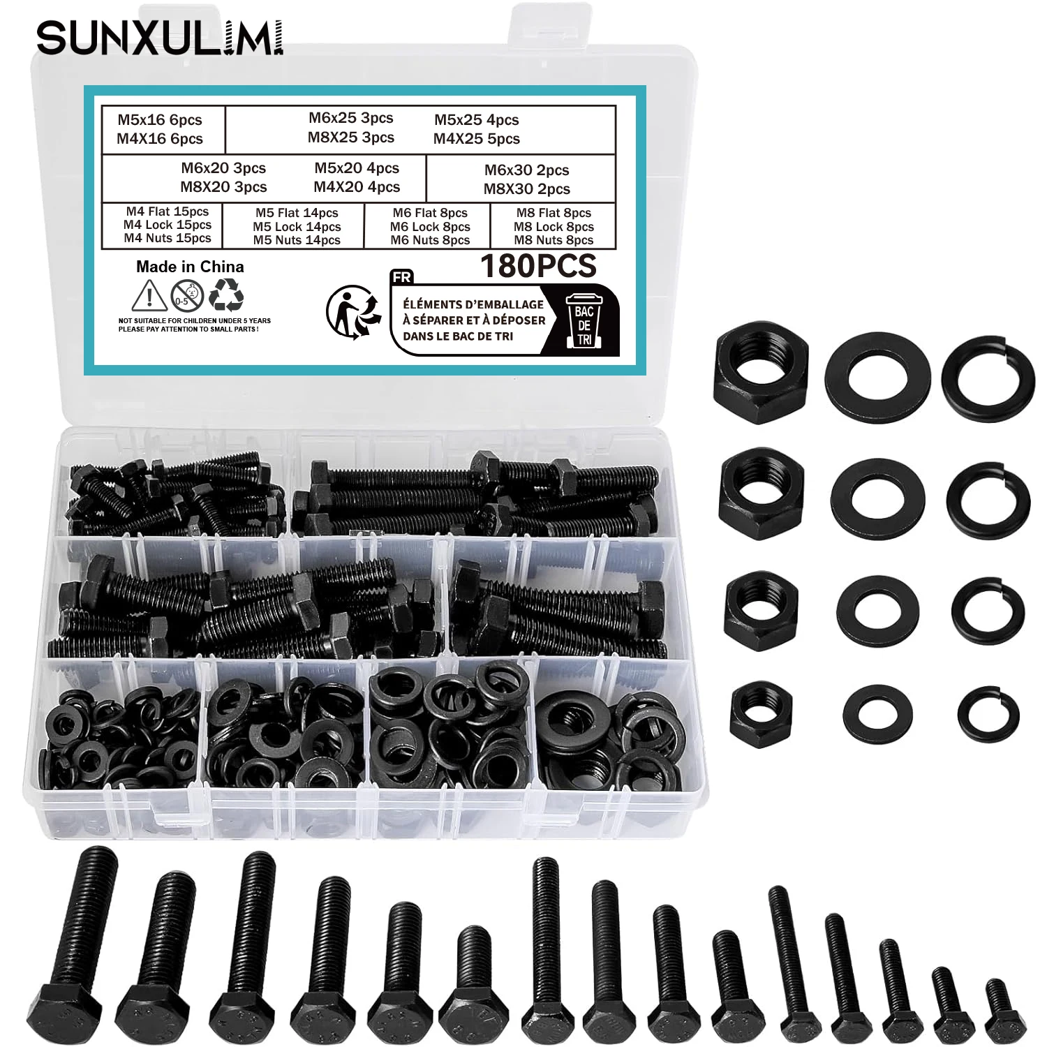 

M4 M5 M6 M8 bolt sets, 180 sets of metric bolts, 8.8 grade nuts and bolts set kit, nut-bolt gasket set kit, with storage box (bl
