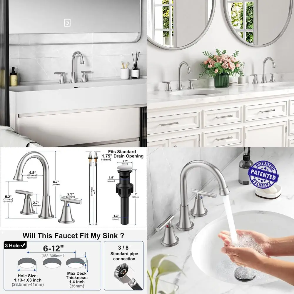 

Комплект из 2 бессвинцовых матовых никелевых смесителей для раковины с 3 отверстиями, выдвижным сливом и линиями подачи для туалетного столика и автофургона