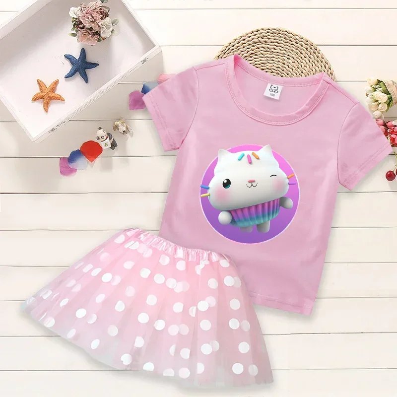 Gabby Dollhouse Kids T-Shirt Dress Cartoon Cute Summer Fashion Set Polka Dot Print Round Neck Pink Outfit Girls Birthday Gift