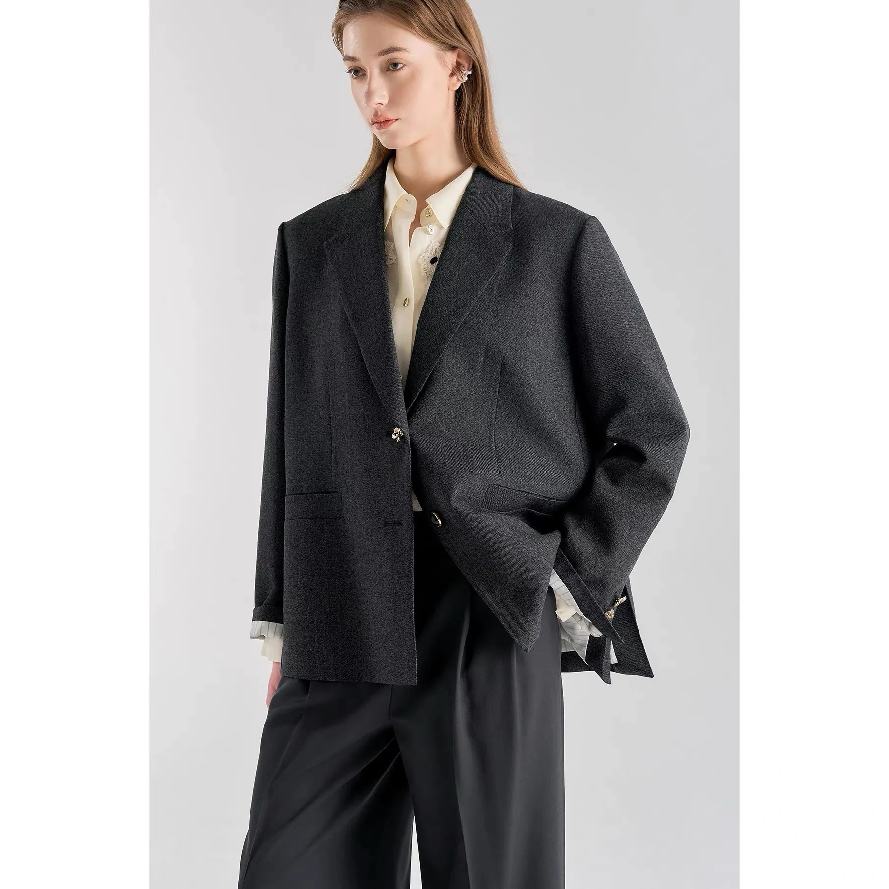 

NingYao High Quality LAN26 Spring Elegant Commute Buttoned Tailored Jacket Loose Fit Long Sleeve Pure Color Fashion Women's Coat