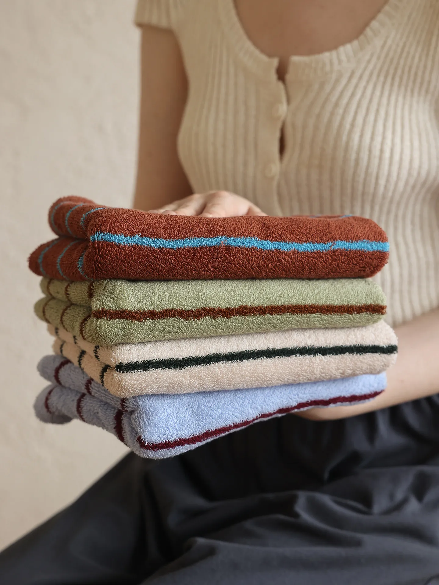 Soft Cotton Absorbent Bath Towel Korean Style Double-sided Striped Towel for Daily Use