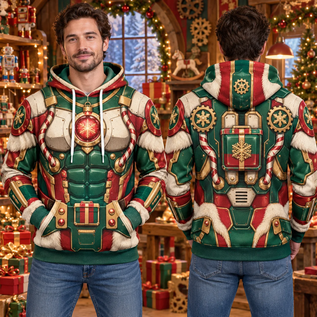 Funny Muscle Illusion Christmas Hoodie for Men 3D All Over Print Pirate Sleigh Explorer Snow Globe Firefighter Holiday Fun Gift