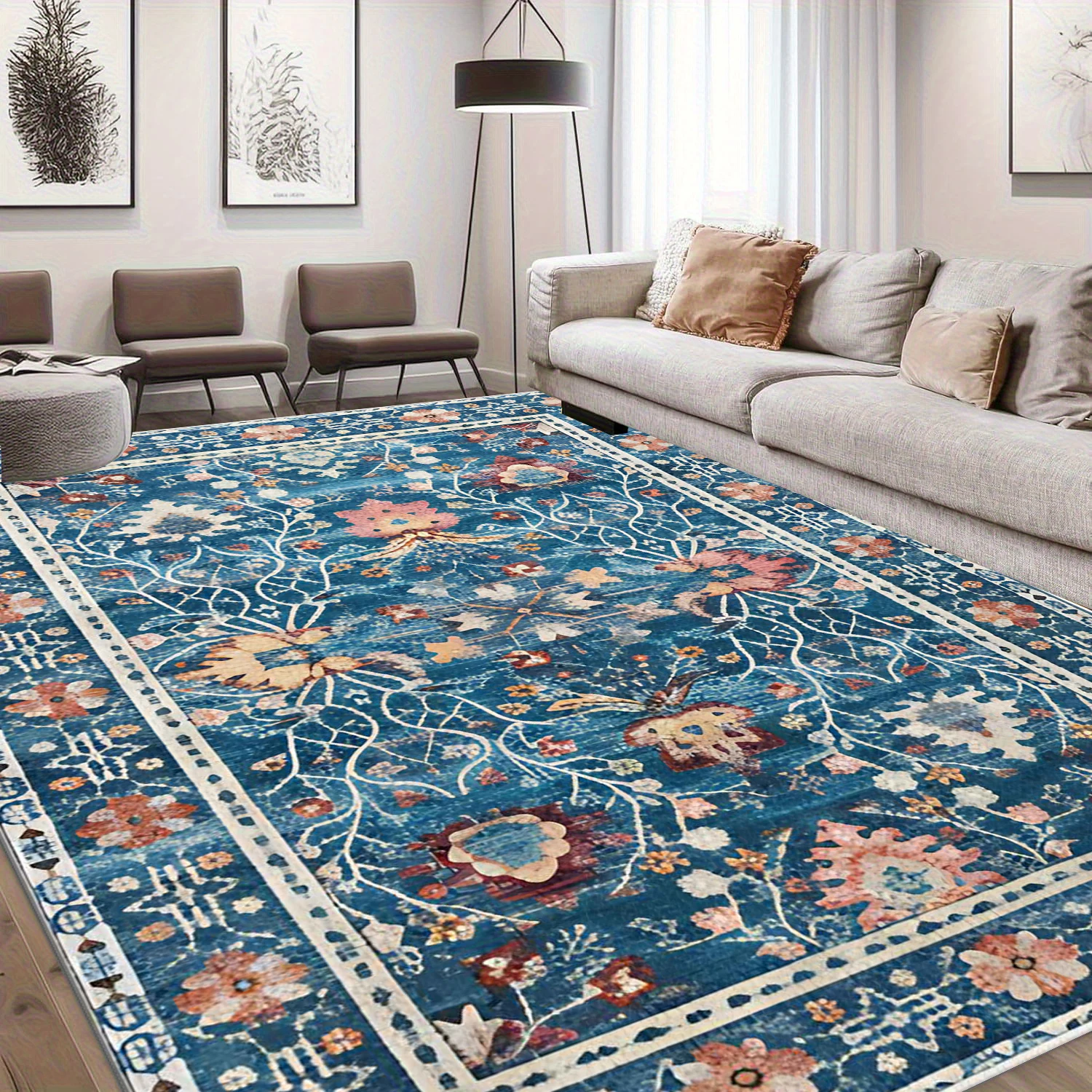 Vintage Bohemian Floral Area Rug Antique Distressed Flower Pattern Floor Carpet for Living Room Bedroom Home Decor