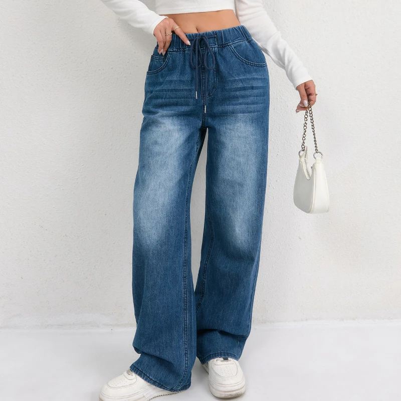 Pantalones vaqueros de pierna ancha para mujer, vaqueros lavados con cintura elástica, pantalones vaqueros con cordones, ropa de calle Vintage desgastada, pantalones sueltos de longitud