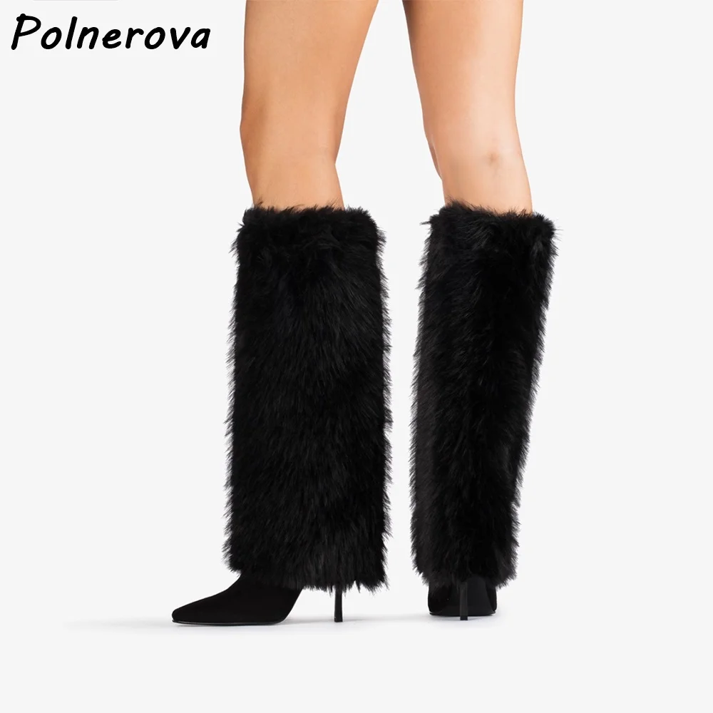 Black Dark Red Furry Warm Boots Square Toe Thin Heels Solid Turn Over Edges Winter Knee High Boots Women's Luxury Elegant Shoes