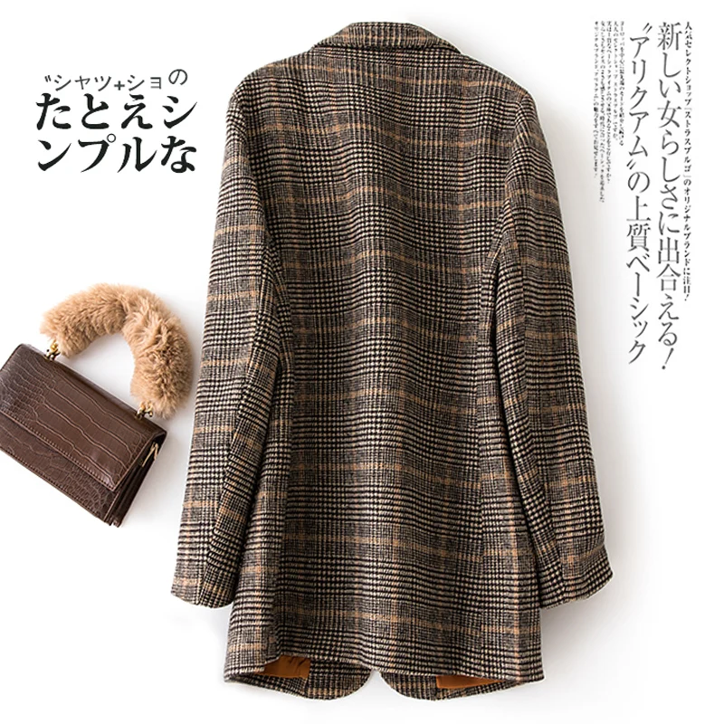 Autumn Winter Vintage Women Plaid Suit Woolen Jacket Ladies Slim Casual Wool Blazer Single Breasted Coat 2023 Oversized Women