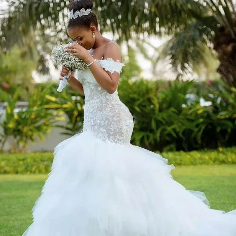 Customized Plus Size Off Shoulder Mermaid Bridal Gown Sexy African Custom Made Wedding Dress With Puffy Tail