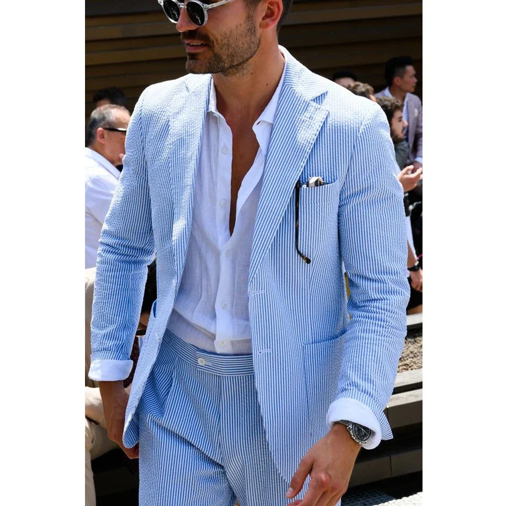 2 Pieces Sky Blue Men Suits Seersucker Suits Notched Lapel Summer Leisure Beach Jacket+Pant  Groom Wedding Tuxedos