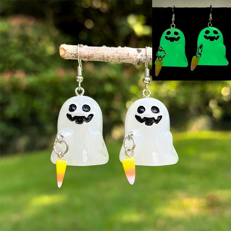 New Halloween Night Light Resin Earrings 3D White Ribbon Blood Ghost Pumpkin Corn Candy Earrings Halloween Decoration Gift