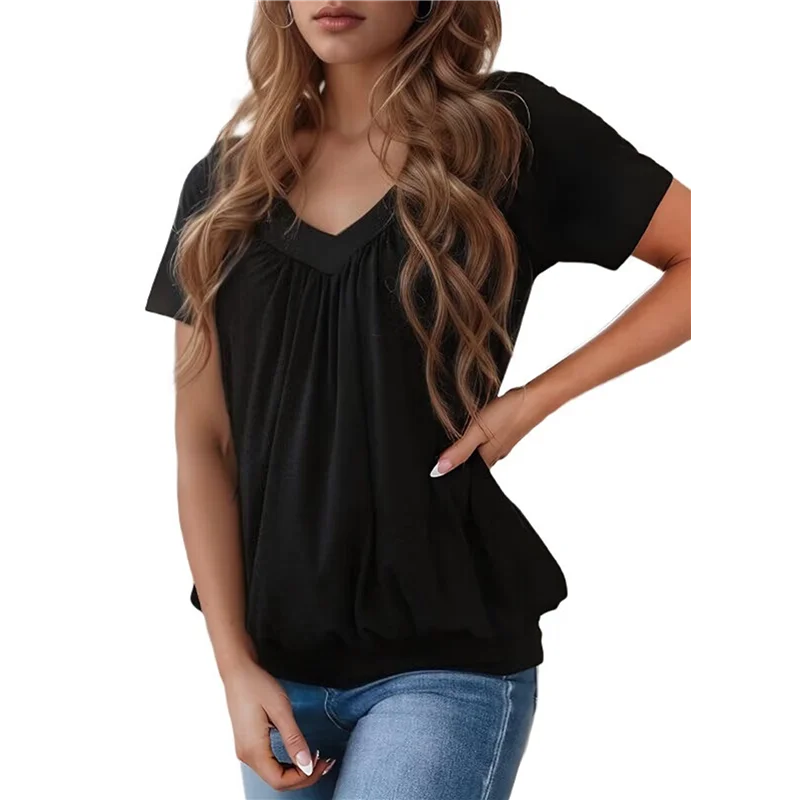 

Womens Short Sleeve Casual Tops Dressy V Neck T Shirts Loose Fit Summer Pleated Blouses