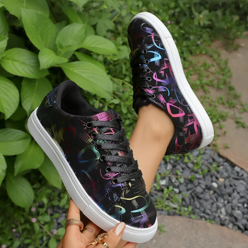 

Women's Casual Flats 2025 Autumn New Round Toe Lace-Up Women's Large Size Thick-Soled Shoes with Print