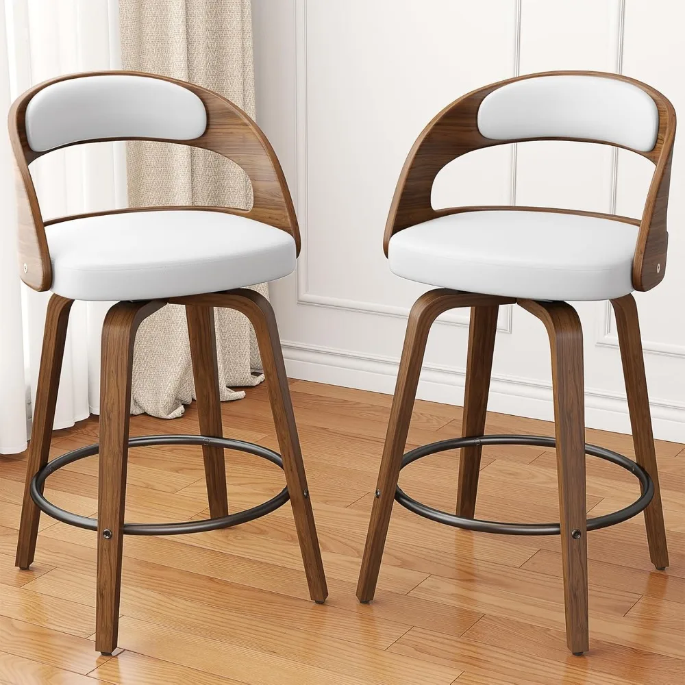 

Swivel Bar Stools Set of 2, 26" Counter Height Bentwood Barstool, Mid-Century Modern PU Leather Upholstered Bar Chair with Back